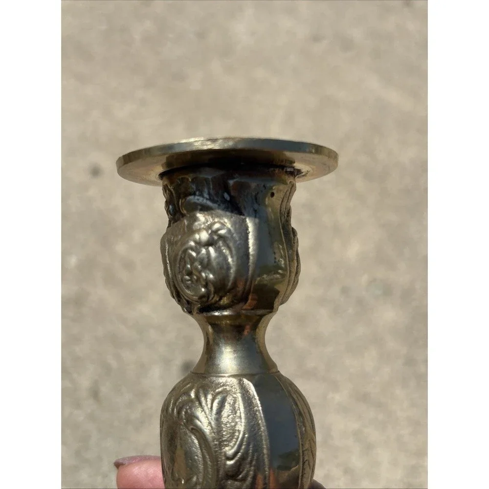 Vintage Brass Candlestick Rococo Baroque Floral Taper India Victorian Heavy